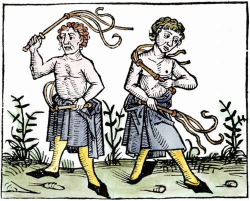 Flagellants belonging to the Brothers of the Cross scourging themselves during the Black Death, which they believed was punishment from God for people's sins.